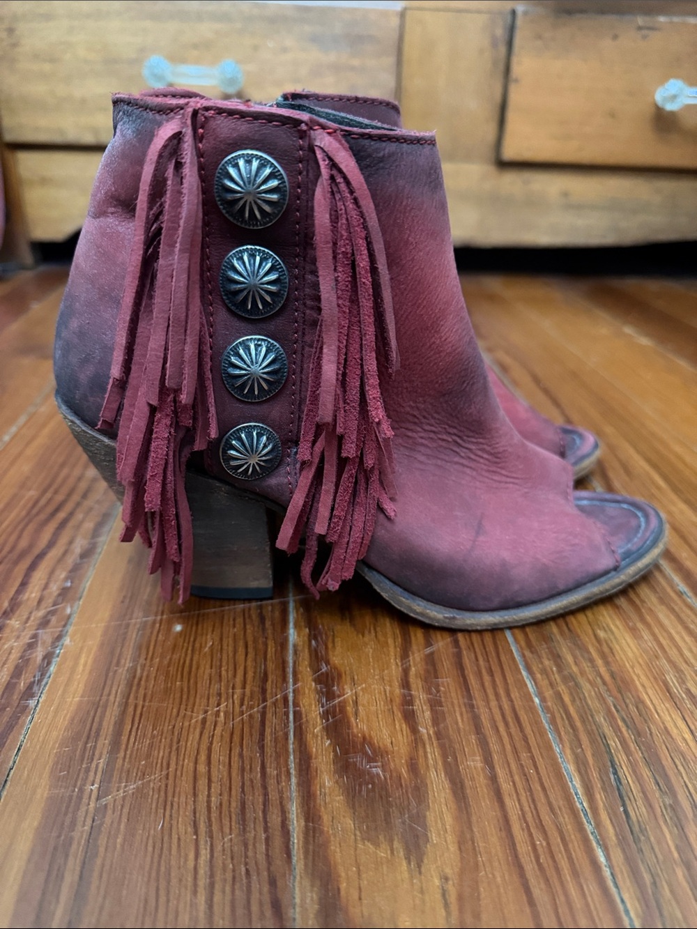 LIBERTY Black Burgundy Fringe Peep-Toe Ankle Booties